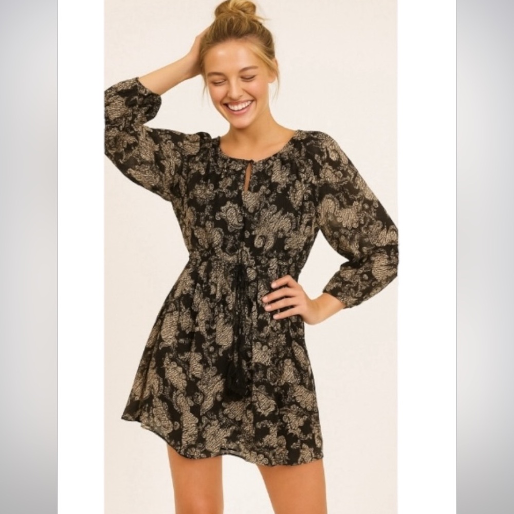 NWT Knox Rose Black and Cream Floral Boho Peasant Dress w/Tassels - Sz XS - NEW!